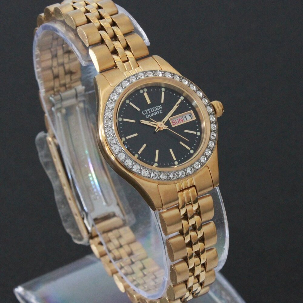Citizen Ladies Classic Quartz Watch Crystal Bezel Gold Toone Black Dial 26mm - Picture 2 of 13